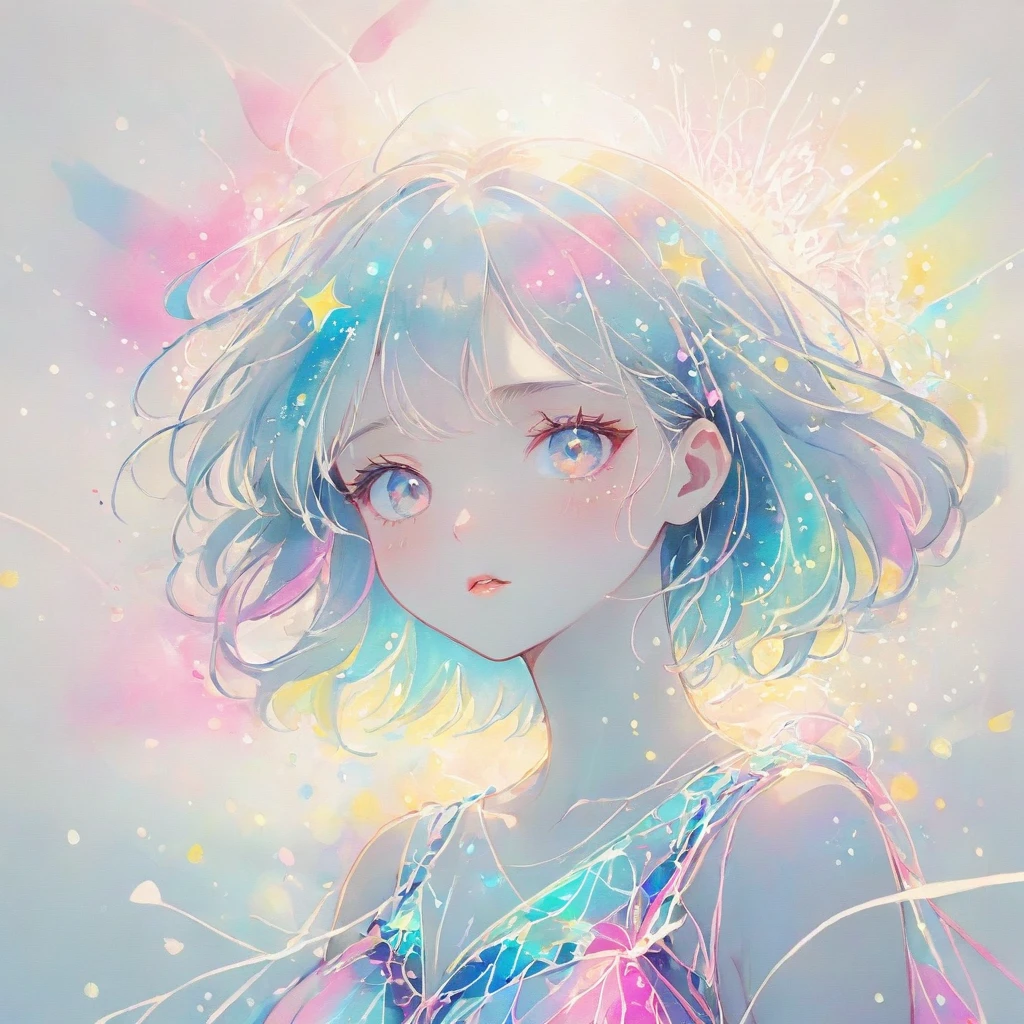 Light blue, pink and white watercolor,Rough fashion girl,(((Line art in glowing white neon))),Pale color background,Sparkling,flash,pastel colour,ネオンflash,Zentangle Elements,Absurd