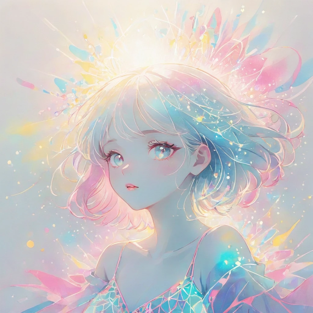 Light blue, pink and white watercolor,Rough fashion girl,(((Line art in glowing white neon))),Pale color background,Sparkling,flash,pastel colour,ネオンflash,Zentangle Elements,Absurd