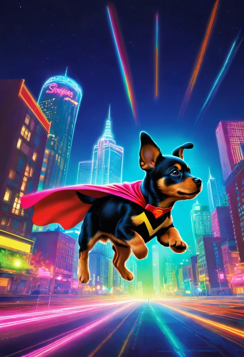 Flying Puppy, City Night, Neon Light, Superhero, Cape