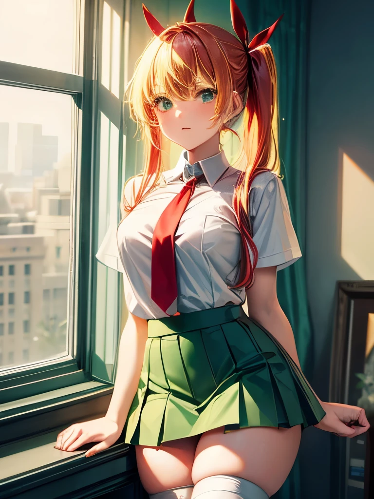 masterpiece, White shirt, Green Skirt ,Red tie, Red hair ribbon, White Stockings, 8k,, Green Hair, Perfect body,