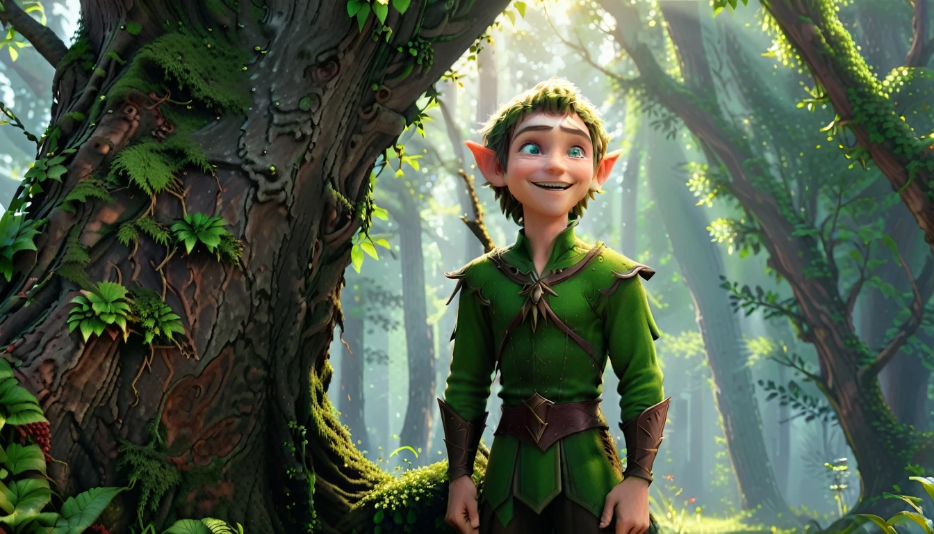 A stunning 3D scene,A male elf is smiling and standing at the foot of a large tree,Look up to the sky。HD,4K,high quality。