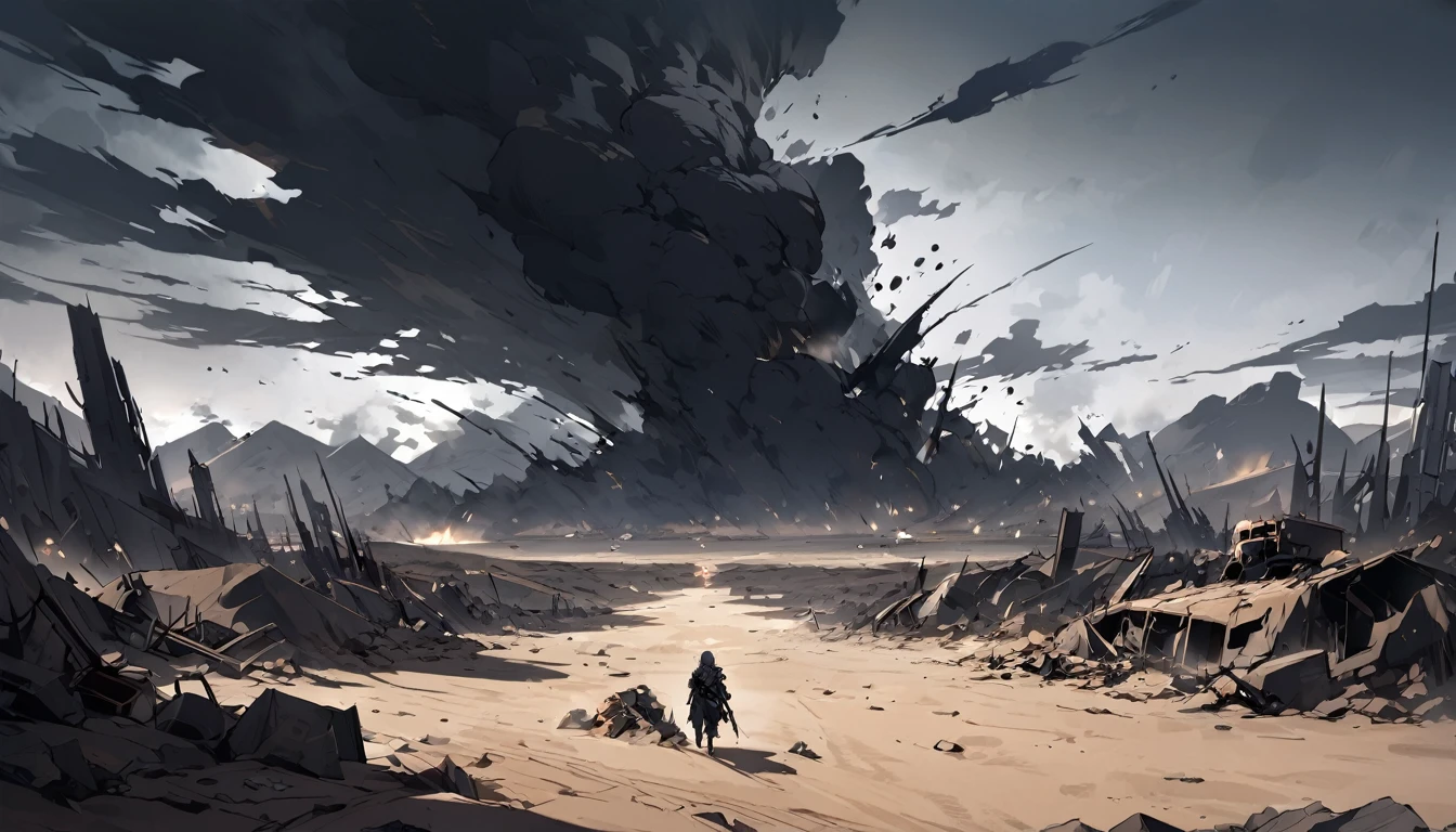 after war, everything is destroyed, desert, night, dark atmosphere, apocalypse, dark, black colour