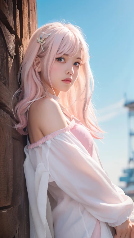 masterpiece, highest quality , enlightenment,1 perfect portrait of a girl, A fascinating eye for perfect detail, (pink+white soft hair:1.6), Fantasy sky-blue background, {exposed bare shoulders} ,{long-term alienation_sleeve}, {lean forward a little}, If you look up, hair ornaments, {shy },please shut your mouth, head tilt, movie lighting, oversized clothes, ((seductive pose)),