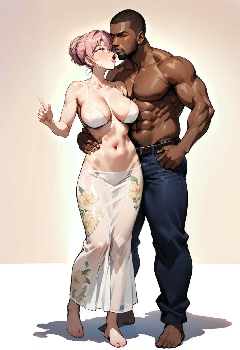 NTR Man(1 young man), (1 asian mature woman), (Duet), A mature woman seduces a young blackman，（strong and naked black man，1 tall and strong black man，bodybuilder muscle，Black bodybuilder，Burly figure，short pantuscle body，bodybuilder），（a young woman with big breasts，narrow waist，bare shoulders，(white long skirt dressed, floral print, naked，bare stomach，thick legs，sexy body）, European 40 year old milfs and th1 young black man r, best quality:1.4), (Ultra-high resolution:1.2), (8k, RAW photos:1.2), Laurena Lexis, 1 woman，1 young man，the woman showing off their curves, bend down, Wearing sexy clothes and shorts, , Clear eyes, A young black man and a asian mom, ((French Kiss)) kiss eachother