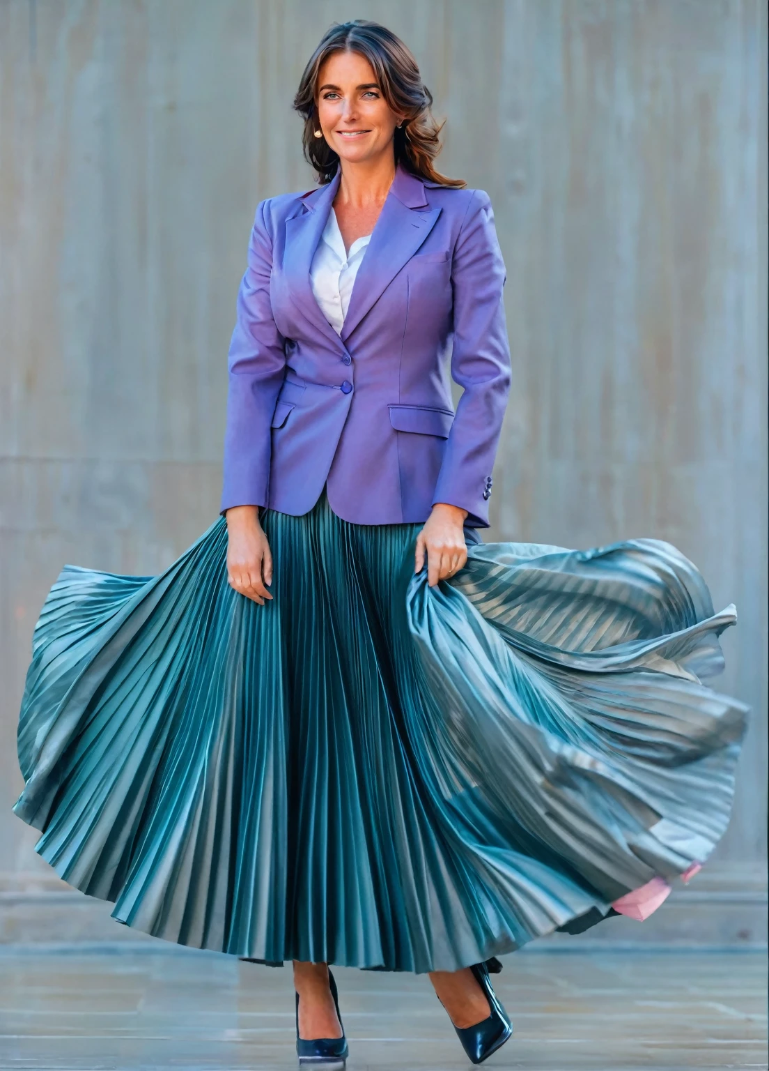 Sarah Ferguson is A smiling, authentic, (shy:1,3), kind, beautiful woman, passionately in love with her skirt, wind wildly lifts her skirt, wearing uniform jacket and very, very detailed (long (fully pleated) full circle skirt) and (low heeled court shoes), very, very intricate hyper-detailed symmetric (attractive graceful young feminine face) with (sad, tired eyes and a loving smile), very voluptuous breasts, full of empathy and compassion and love, (pronounced (feminine) features), (highly detailed ultra accurate realistic) hands and fingers, (windy), epic composition, highly detailed attributes, (35mm f1.4 Kodak portra 400 photograph), extremely high quality RAW photograph, highly detailed atmosphere, sci-fi, cinematic shot, dynamic lighting, 75mm, Technicolor, Panavision, cinemascope, sharp focus, fine details, 8k, HDR, realism, realistic, key visual, film still, superb cinematic color grading, depth of field