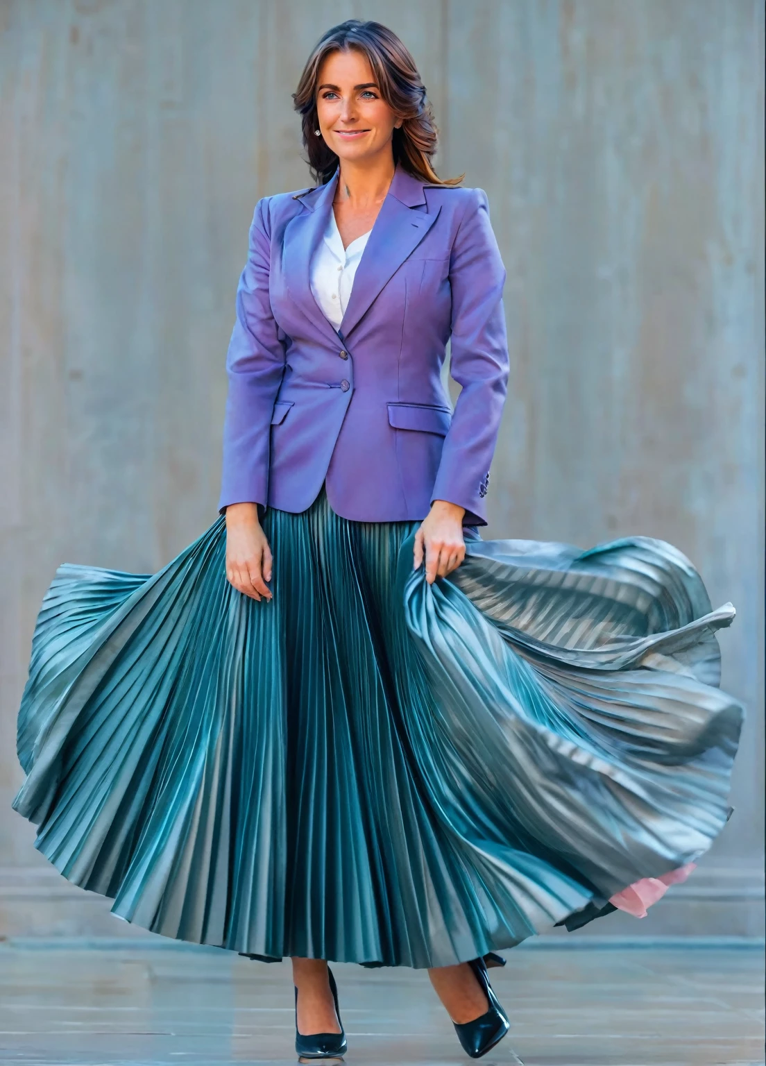 Sarah Ferguson is A smiling, authentic, (shy:1,3), kind, beautiful woman, passionately in love with her skirt, wind wildly lifts her skirt, wearing uniform jacket and very, very detailed (long (fully pleated) full circle skirt) and (low heeled court shoes), very, very intricate hyper-detailed symmetric (attractive graceful young feminine face) with (sad, tired eyes and a loving smile), very voluptuous breasts, full of empathy and compassion and love, (pronounced (feminine) features), (highly detailed ultra accurate realistic) hands and fingers, (windy), epic composition, highly detailed attributes, (35mm f1.4 Kodak portra 400 photograph), extremely high quality RAW photograph, highly detailed atmosphere, sci-fi, cinematic shot, dynamic lighting, 75mm, Technicolor, Panavision, cinemascope, sharp focus, fine details, 8k, HDR, realism, realistic, key visual, film still, superb cinematic color grading, depth of field