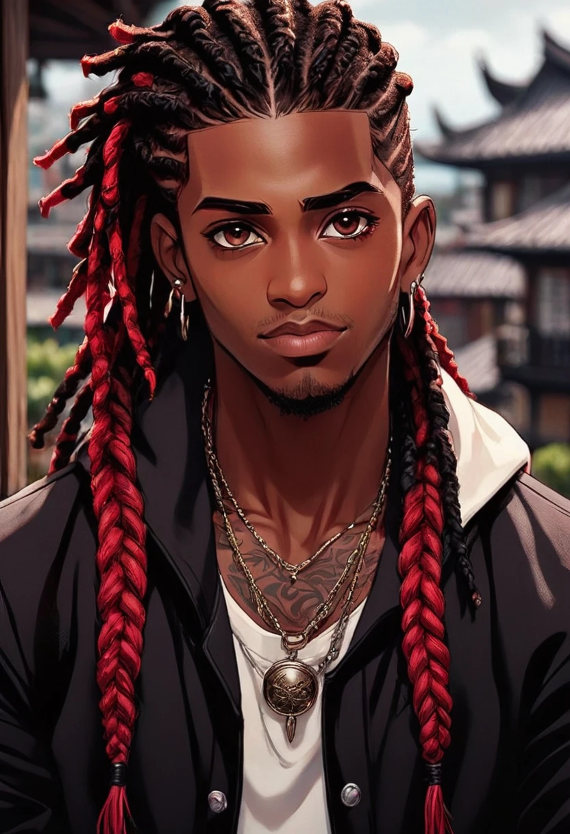 (masterpiece:1.2), (best quality), (ultra detailed), (8k, 4k, intricate),(half-body-shot:1), (highly detailed:1.2),(detailed background:1.2),((dark skin, handsome face,lips)) An close up of a person with dreadlocks on a balcony, handsome guy in demon slayer art, ( ( dark skin ) ), black anime male wearing black and white sport jacket, red shirt, long cornrows, brown eyes, 