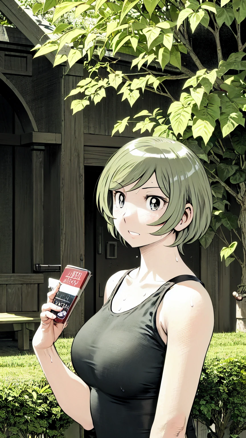 、(masterpiece、Highest quality)、Highest quality, Ultra-high resolution, (((masterpiece))), alone, Sweat、Big eyes, Sleeveless、Outdoor、Floral Dress、Composition from the front、(後ろCut your hair short、short hair、blonde、woman)、Shortcuts、Embarrassed face、Cut your hair short、可愛いwomanの子、Big Breasts、Browsing Caution