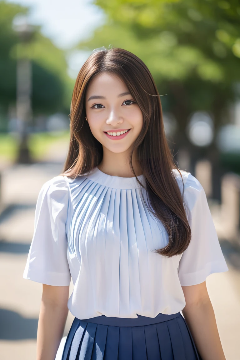 ((masterpiece, top quality, 8k, RAW photo, realistic, ultra highly detailed)), 1 girl, (japanese face:1.4), 20 years old, big smile:1.4, perfect cute face:1.4, symmetrical face, perfect body:1.4, dark brown hair:1.4, half updo:1.4, natural makeup, (double eyelid, full body shot, polite standing:1.4, beautiful legs:1.3), ((white short sleeve blouse, dark blue pleats skirt, black high socks, dark brown loafers)), (in campus:1.5)