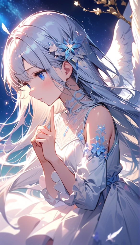 (best quality:1.2),(hands finger 5 digits:1.3),(extremely delicate and beautiful:1.3),(detailed ultra detailed:1.2),(scenery clear details:1.2),(scenery crystal clear :1.2),(solo),(blue eyes),(long white long hair),(white dress),(angel wings),(floating white feathers,starry sky),(clusters of stars,starry sky),(glinting stars),(solo),(long silver long hair),(best quality:1.2),(hands finger 5 digits:1.3),(extremely delicate and beautiful:1.3),(detailed ultra detailed:1.2),(scenery clear details:1.2),