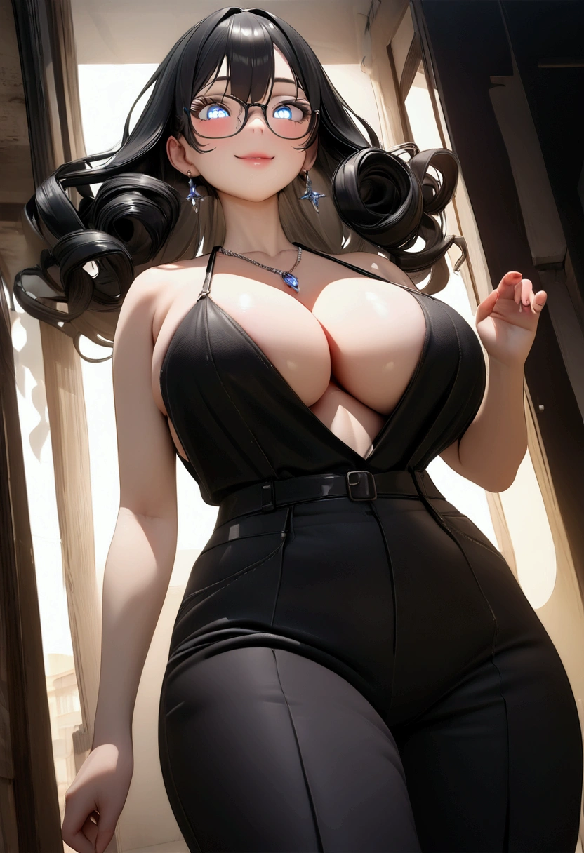 Cute girl, glasses, business suit, (photoPractical:1.4), (masterpiece, Side Light, Delicate and beautiful eyes: 1.2), Dynamic poses, masterpiece*portrait, Practical, 3D Face, Glowing eyes, Shiny black hair, Glowing skin, Solitary, (diaphragm), Extra long curly hair, Smile, From the blow, (masterpiece), best quality, from below, necklace, earrings,Full breasts, (Large Breasts:1.7), Cleavage, in the streets, fat Girl, very Curvy