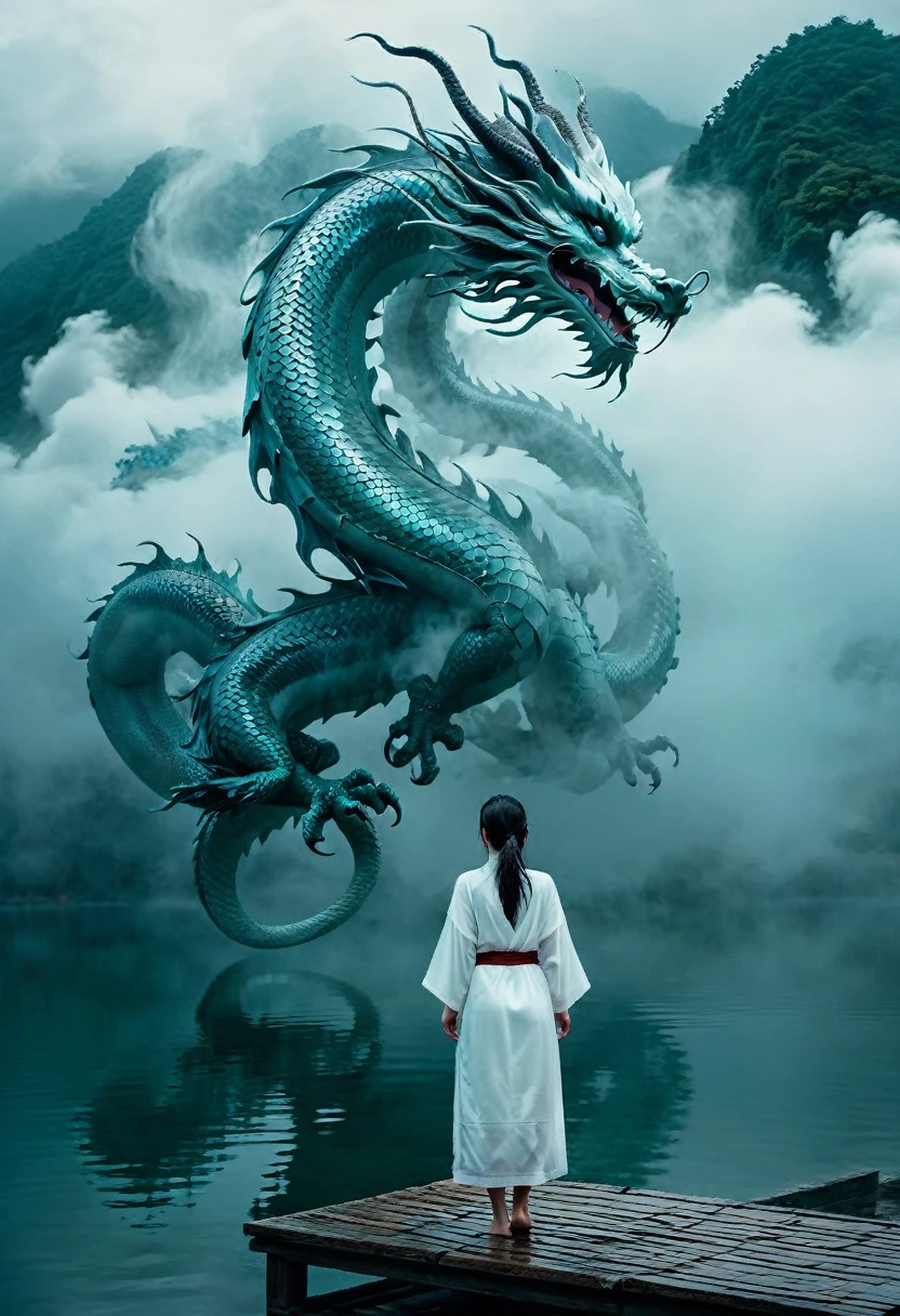 White Chinese dragon looking down on a woman over a misty lake. cloud, Thick Fog, Symmetrical Configuration, A woman in a white robe walks on the lake and looks at a dragon, Full of mystery, close