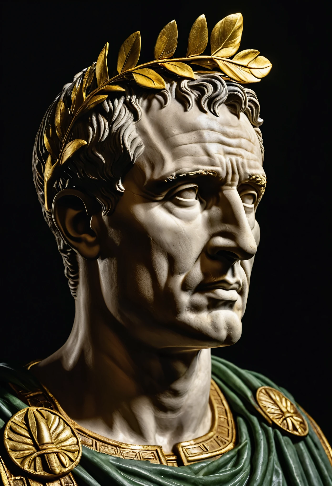 Side view of a Julius Caesar roman bust with a golden Laurel Wreath on top of it's head, highlighted with a spotlight and dark background