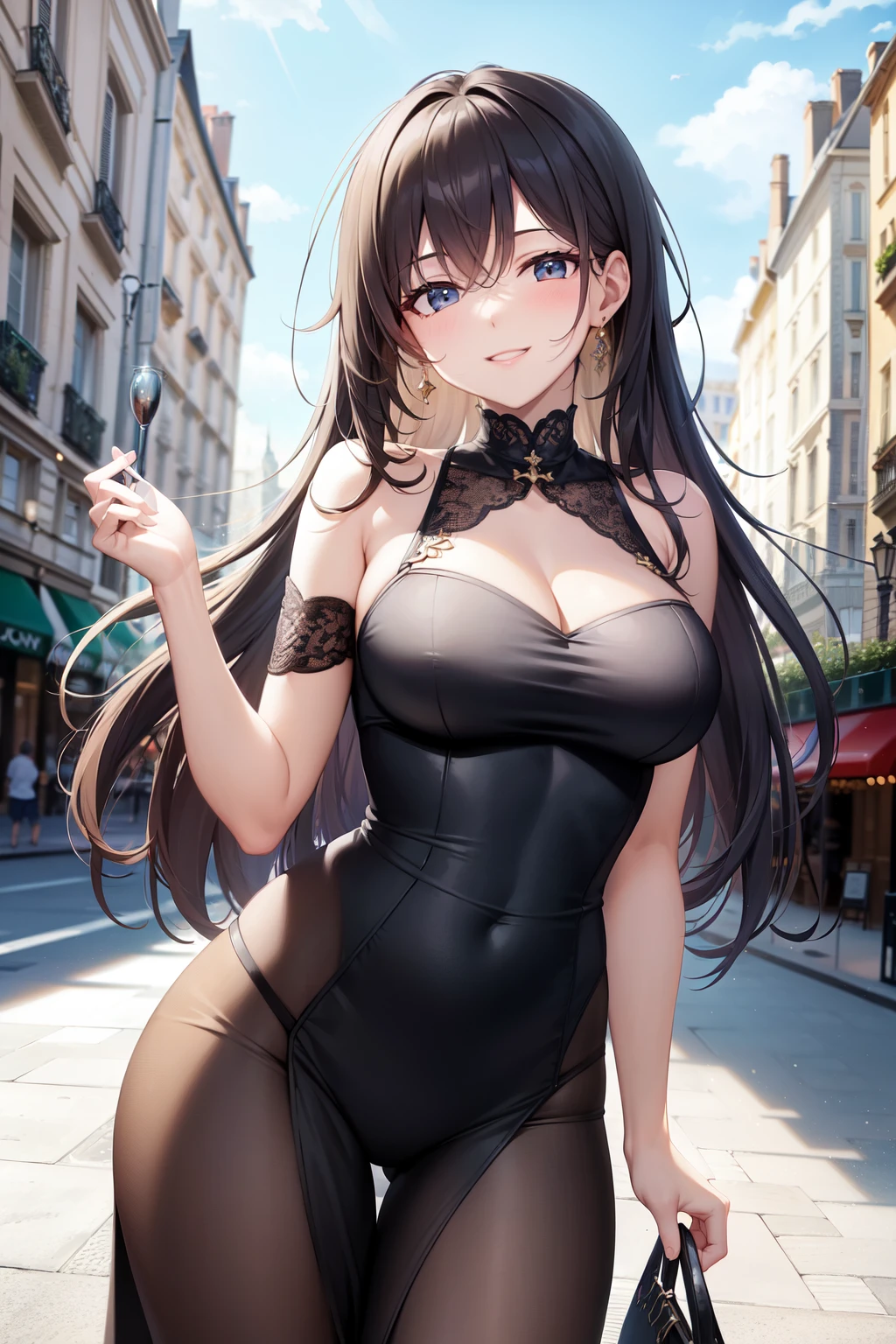 Masterpiece, superior quality, ultra-detailed, 8k drawing under CG unity, a woman looking directly at the observer, summer subject, a charmed and happy look, in the city center of paris, smiling, with long black hair and cowboy style.