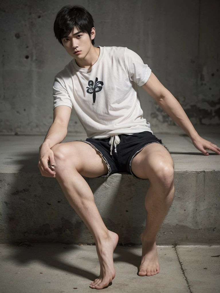(super sharp focus), (Hairy legs), (((full body))), Japanese man, twenty years old, very short hair, Black Hair, Wearing shorts, sitting, Muscular young high school student, Animated Art Wallpapers, Beautiful illustrations with a delicate touch