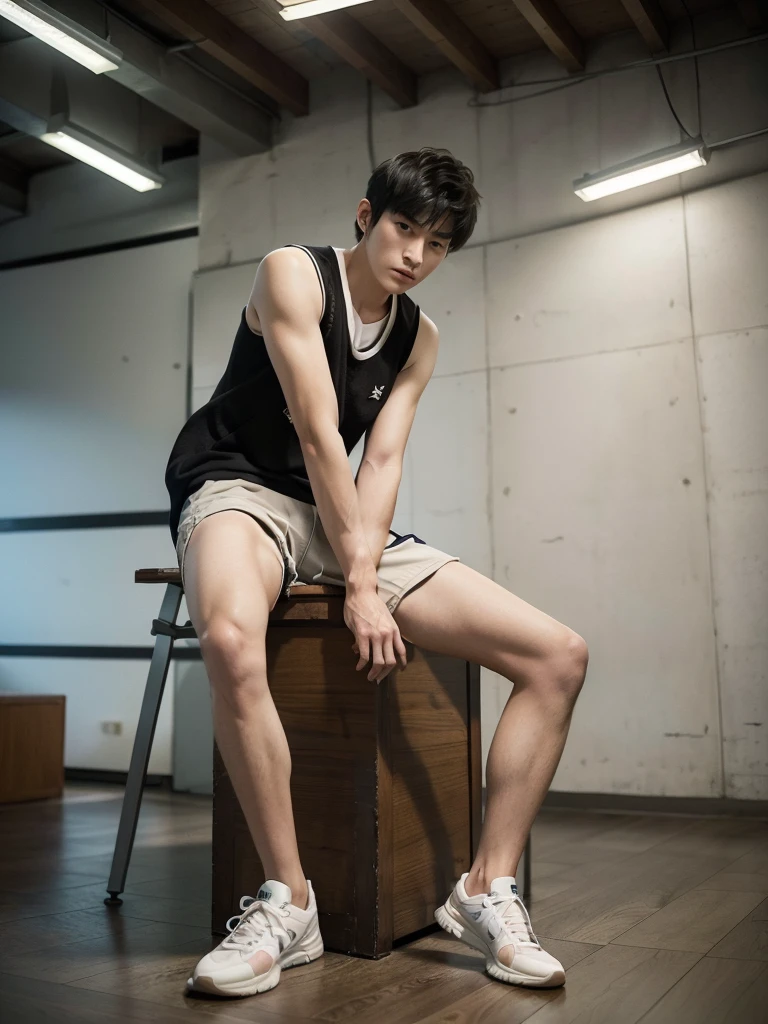 
(super sharp focus), (Hairy legs), (((full body))), Japanese man, twenty years old, very short hair, Black Hair, Wearing shorts, sitting, Muscular young high school student, Animated Art Wallpapers, Beautiful illustrations with a delicate touch