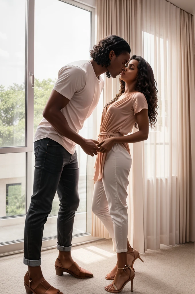 a girl with soft brown curls reaching below her shoulders she is wearing a baby pink flowy dress that reaches below her knees she wear heels and looks down. The guy is taller than the girl wears white shirt with brown pants and he is holding her waist. they both are standing in front of a window covered with curtains that gives a warm orange glow on both of them they both are facing each other the guy is muscular the guy has black hair and dark skin he is wearing black shoes