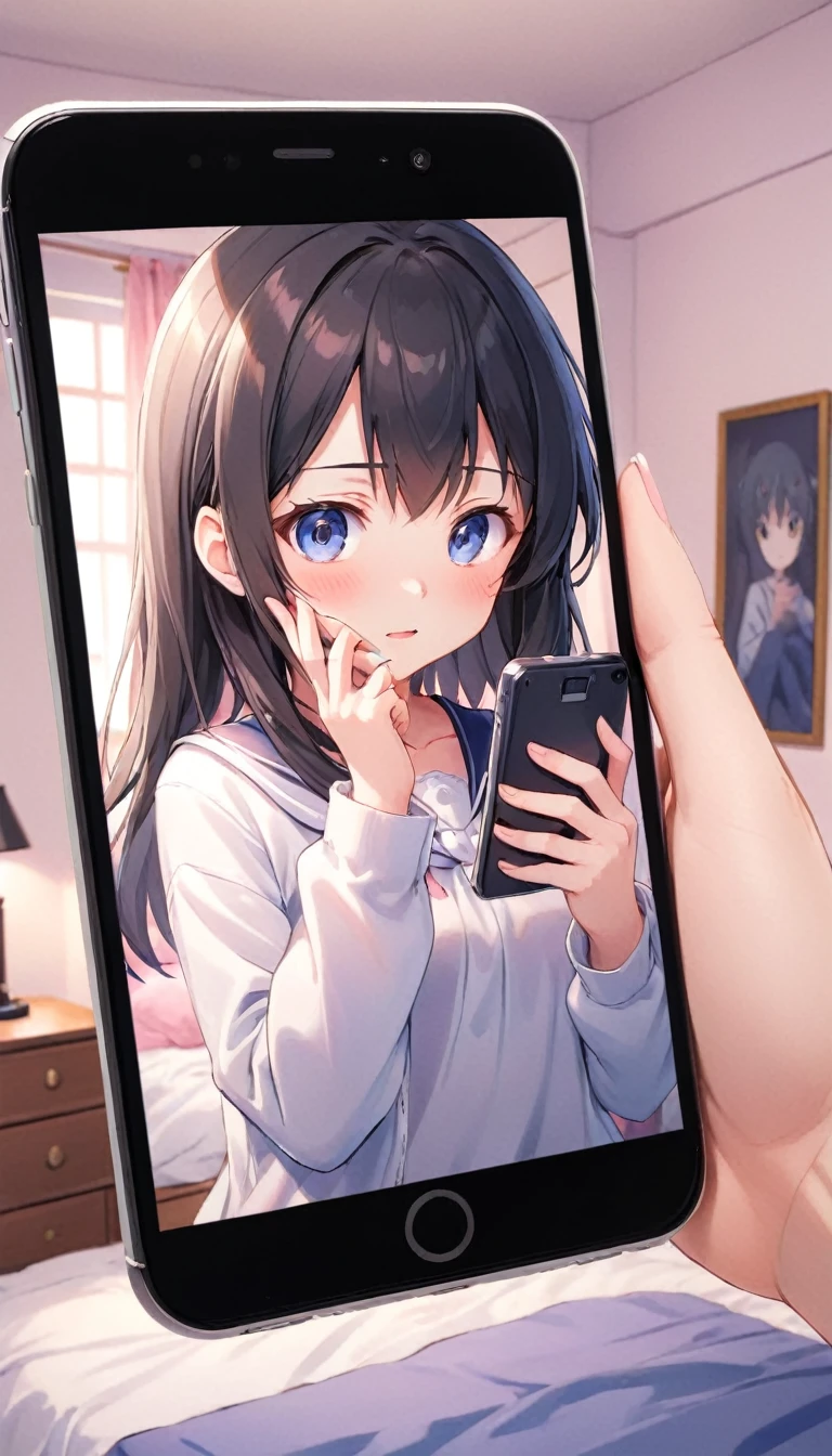 Photo_Comparison, 1girl, School uniform, black hair, atlibrary, phone, mobile phone, Smartphone, nude image, female masturbation