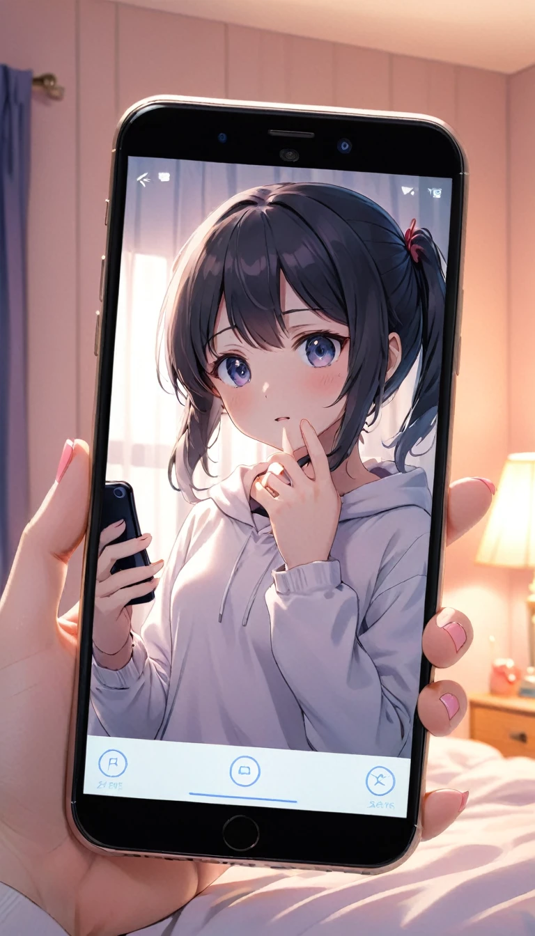 photograph, Anime girl on smartphone screen, Bedroom,Smartphone tapping