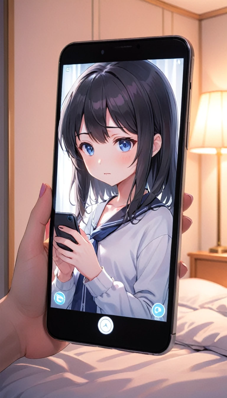 photograph, Anime girl on smartphone screen, Bedroom,Smartphone tapping