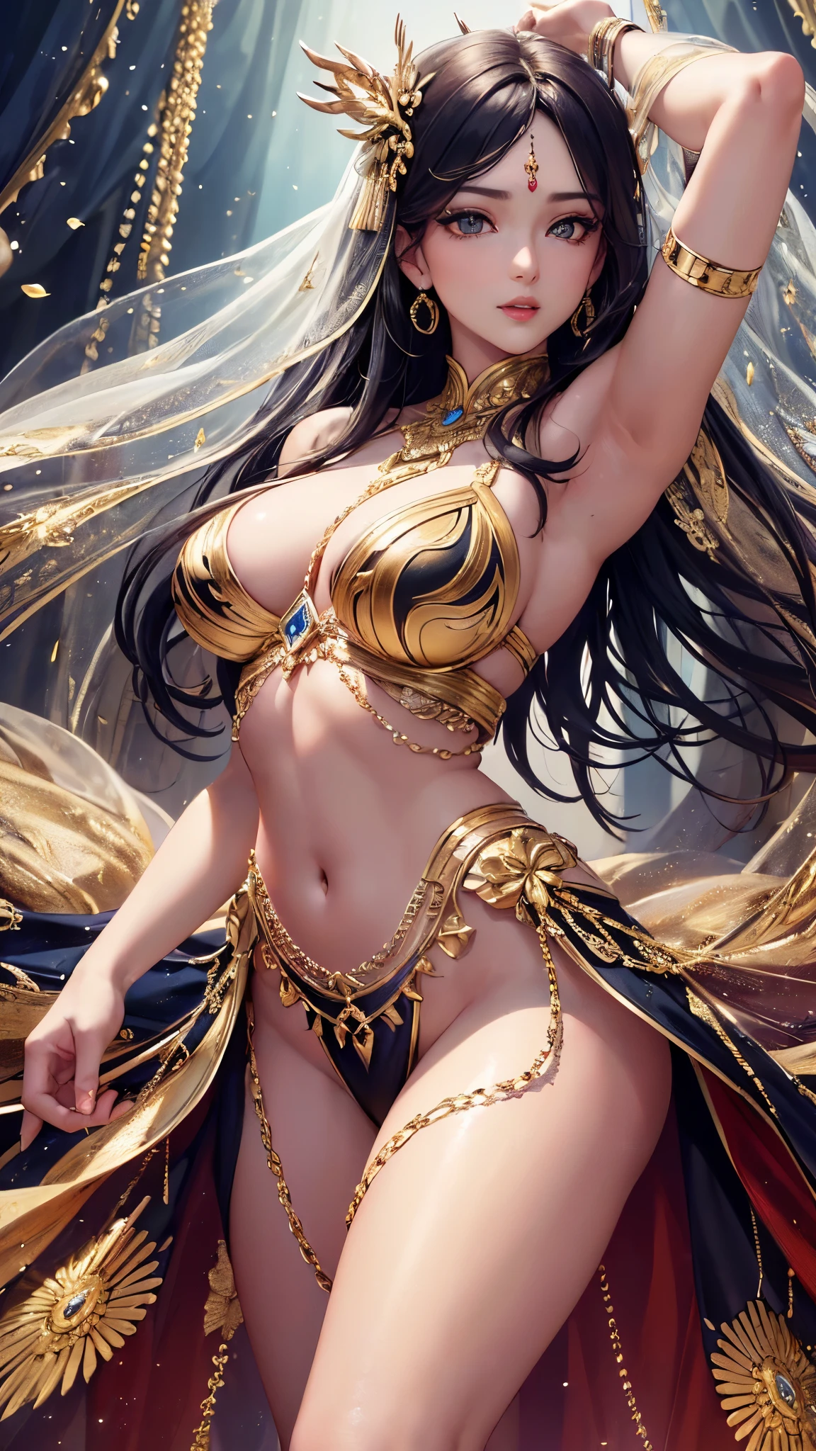 ((Highest quality)),(Ultra-high resolution),(Super detailed),(Detailed Description),((The best CG)),(masterpiece),Highly detailed art,(Art with precise detail:1.5), (Female dancer:1.4),(Beautiful and well-proportioned face:1.4),(Alluring:1.6),(A captivating smile:1.3),(Glamorous Body:1.8),(Exposed body lines:1.6),(Gradation:1.8),(Dynamic Pose:1.8),(Ultra-thin chain accessories:1.5),(passionate:1.5), (Dimming light:1.5),