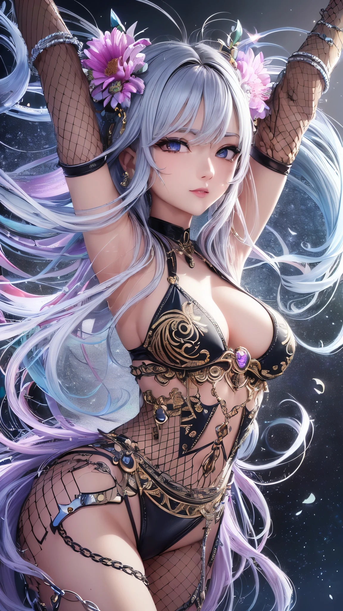 ((Highest quality)),(Ultra-high resolution),(Super detailed),(Detailed Description),((The best CG)),(masterpiece),Highly detailed art,(Art with precise detail:1.5), (Female dancer:1.4),(Beautiful and well-proportioned face:1.4),(Alluring:1.6),(A captivating smile:1.3),(Glamorous Body:1.8),(Exposed body lines:1.6),(Gradation:1.8),(Raise your arms:1.8),(Ultra-thin chain accessories:1.5),