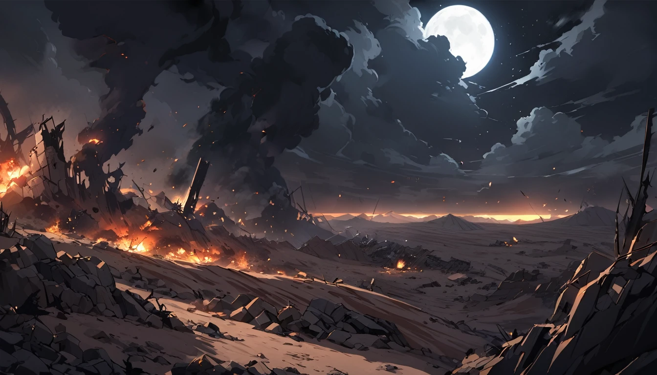 after war, everything is destroyed, desert, night, dark atmosphere, apocalypse, dark, black colour