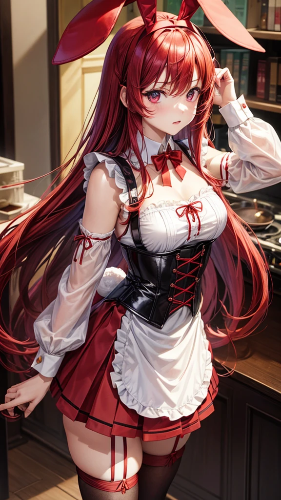 (Masterpiece), (best quality), Anime Style 4K, ((((Solo)))), ((Female with extremely messy layered red hair)), ((long hair)), ((black and white maid dress)), (showing cleavage), ((red eyes)), (nervous), ((sexually suggestive)), ((Curvy)), ((shy poses)), ((looking at viewer)), (maid cafe), (thick thighs), (stockings), ((beautiful bar)), (worms eye view), (((Nao Egokoro))), ((viewer is looking from below)), (white panties), (Panty shot), ((she is squatting down))