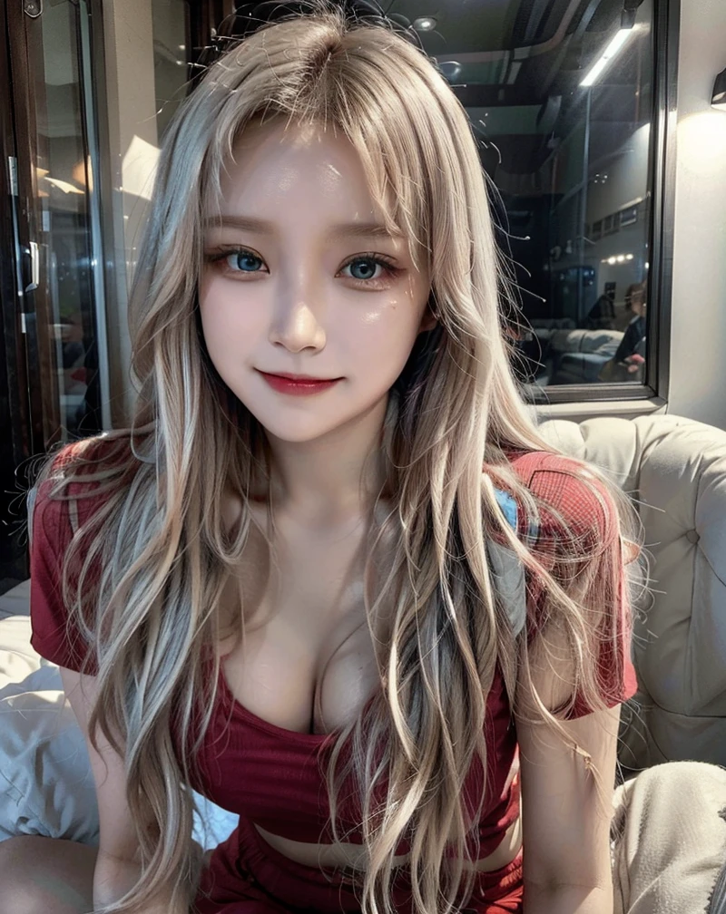 Smile woman, makeup face, white hair colour, Long hair, solo, red shirt and skinny blue short pant, makeup eyes