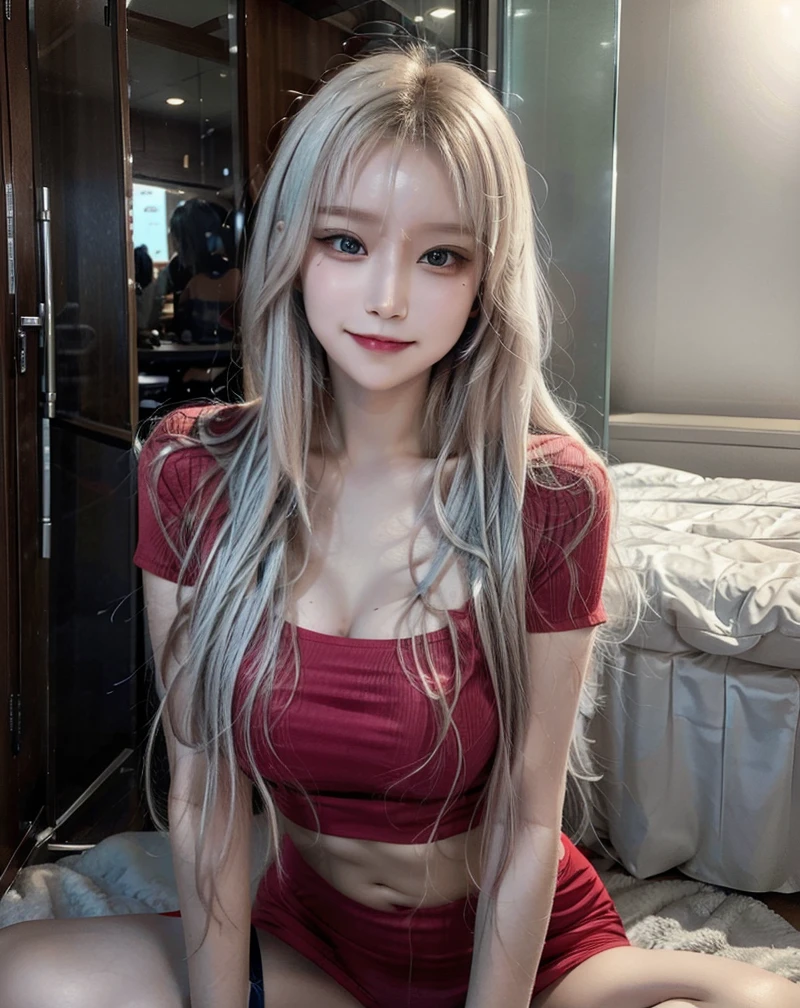 Smile woman, makeup face, white hair colour, Long hair, solo, red shirt and skinny blue short pant, makeup eyes
