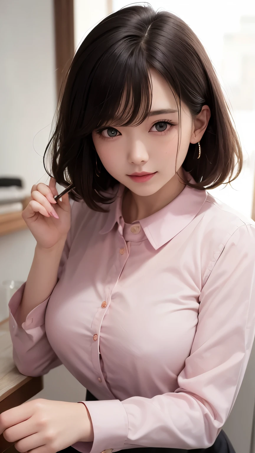 (8k、Highest quality、masterpiece:1.8、bangsのあるショートボブヘア:1.8、Everything is beautifully detailed)、(Real Stick:1.5、realism:1.5)、Highly detailed drawing、1 girl、cute、alone、Sitting、 (smile:1.15)、(Shut your mouth.)、big breasts、Looking into the camera、Looking into the camera胸、{gigantic|big|huge|mega} breasts, cleavage、Beautiful and beautiful eyes、big, Detailed and beautiful eyes、Transparent double eyelids、eyelash、Beautiful Lips、(Collared shirt:1.6)、(short hair:1.2)、bangs、beautiful long neck、smile、Shut your mouth.、cute face、Authenticistic skin types、Authentic texture、Unbutton、Pale pink lips、There's Really no background、Genuinely pure white background、28 years old,Natural light、upper lip not thick
