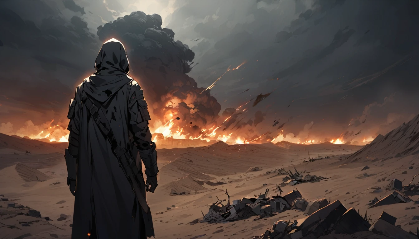after war, everything is destroyed, desert, night, dark atmosphere, apocalypse, dark, black colour, dark fog