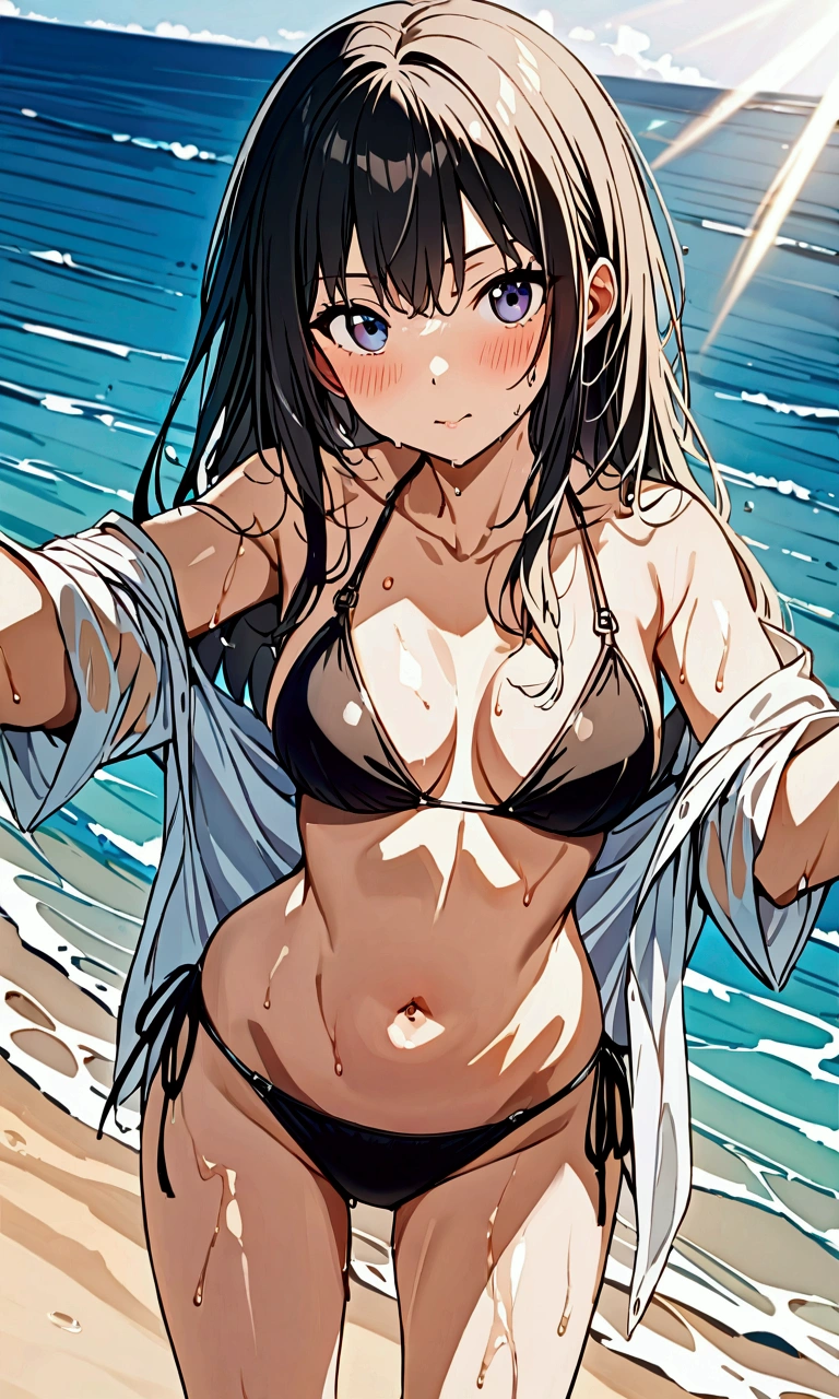 score_9, score_8_up, score_7_up,BREAK,source_anime,best quality,masterpiece,aesthetic,very aesthetic, medium shot, 1girl, inoue takina, lycoris recoil,black bikini,navel,side-tie_bikini, shirt,wet.,
(Shiny bare skin),
cool,
standing pose,top angle,straight-on ,
(beach,sunshine),
professional lighting,cinematic lighting