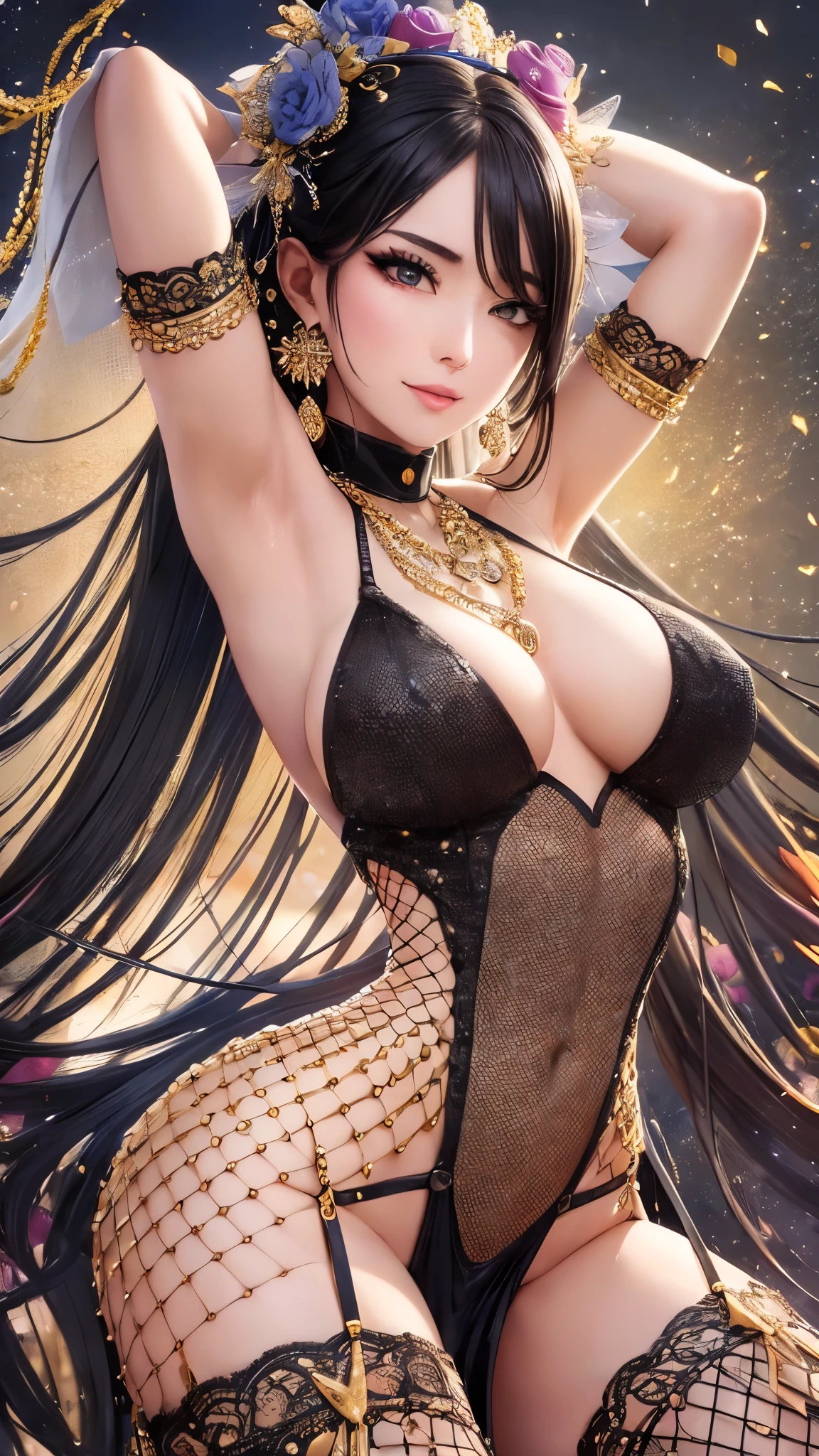 ((Highest quality)),(Ultra-high resolution),(Super detailed),(Detailed Description),((The best CG)),(masterpiece),Highly detailed art,(Art with precise detail:1.5), (Female dancer:1.4),(Beautiful and well-proportioned face:1.4),(Alluring:1.6),(A captivating smile:1.3),(Glamorous Body:1.8),(Exposed body lines:1.6),(Gradation:1.8),(Dynamic Pose:1.8),(Ultra-thin chain accessories:1.5),(passionate:1.5), (Dimming light:1.5),