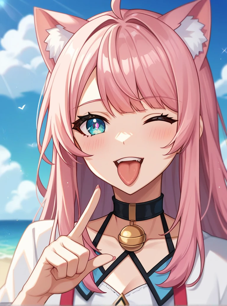 Adult, Female, long pink hair, oceanic eyes, winking, tongue out, vtuber, otaku bedroom, Masterpiece, Accurate, Anatomically Correct, Best Quality, High Details, Detail, Super Detailed, Best detail, Perfect detail, Amazing detail, [-3, 3], perfect fingers, perfect body, best body, amazing body, Looking at viewer, front facing, upper body shot, Cat Ears, Close-Up, 