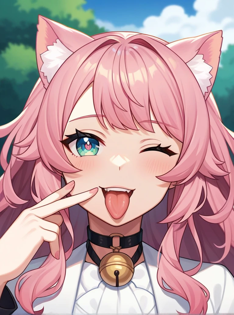 Adult, Female, long pink hair, oceanic eyes, winking, tongue out, vtuber, otaku bedroom, Masterpiece, Accurate, Anatomically Correct, Best Quality, High Details, Detail, Super Detailed, Best detail, Perfect detail, Amazing detail, [-3, 3], perfect fingers, perfect body, best body, amazing body, Looking at viewer, front facing, upper body shot, Cat Ears, Close-Up, 