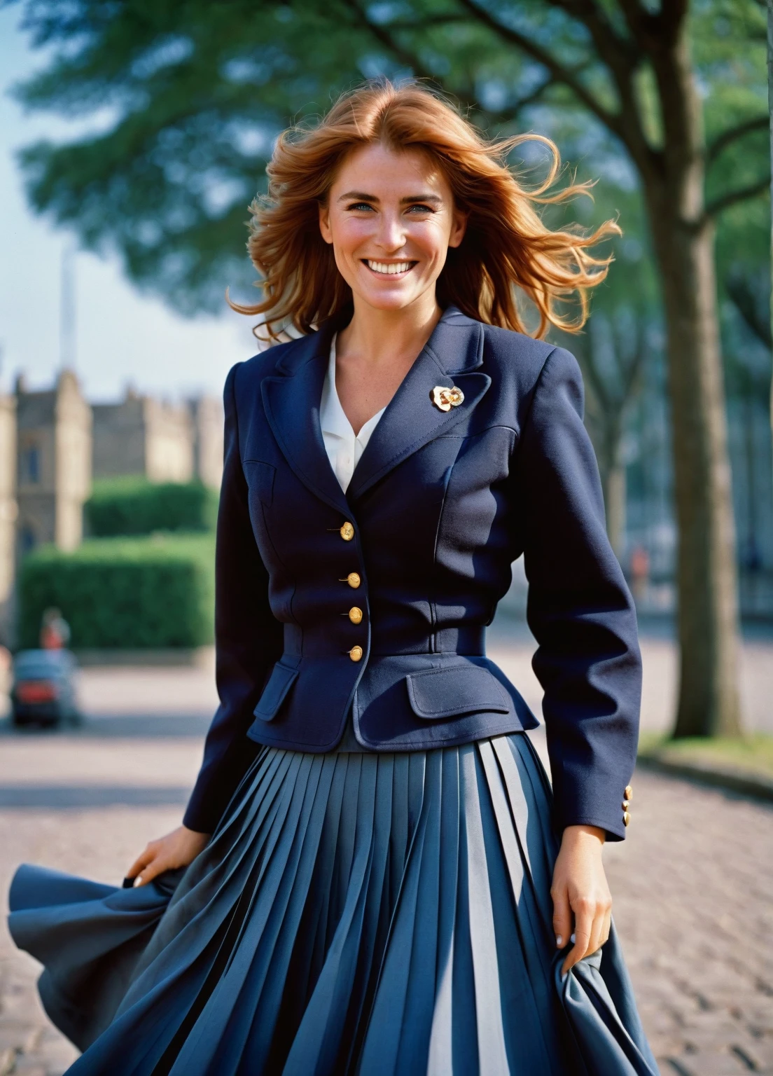 Sarah Ferguson is A smiling, authentic, (shy:1,3), kind, beautiful woman, passionately in love with her skirt, wind wildly lifts her skirt, wearing uniform jacket and very, very detailed (long (fully pleated) full circle skirt) and (low heeled court shoes), very, very intricate hyper-detailed symmetric (attractive graceful young feminine face) with (sad, tired eyes and a loving smile), very voluptuous breasts, full of empathy and compassion and love, (pronounced (feminine) features), (highly detailed ultra accurate realistic) hands and fingers, (windy), epic composition, highly detailed attributes, (35mm f1.4 Kodak portra 400 photograph), extremely high quality RAW photograph, highly detailed atmosphere, sci-fi, cinematic shot, dynamic lighting, 75mm, Technicolor, Panavision, cinemascope, sharp focus, fine details, 8k, HDR, realism, realistic, key visual, film still, superb cinematic color grading, depth of field