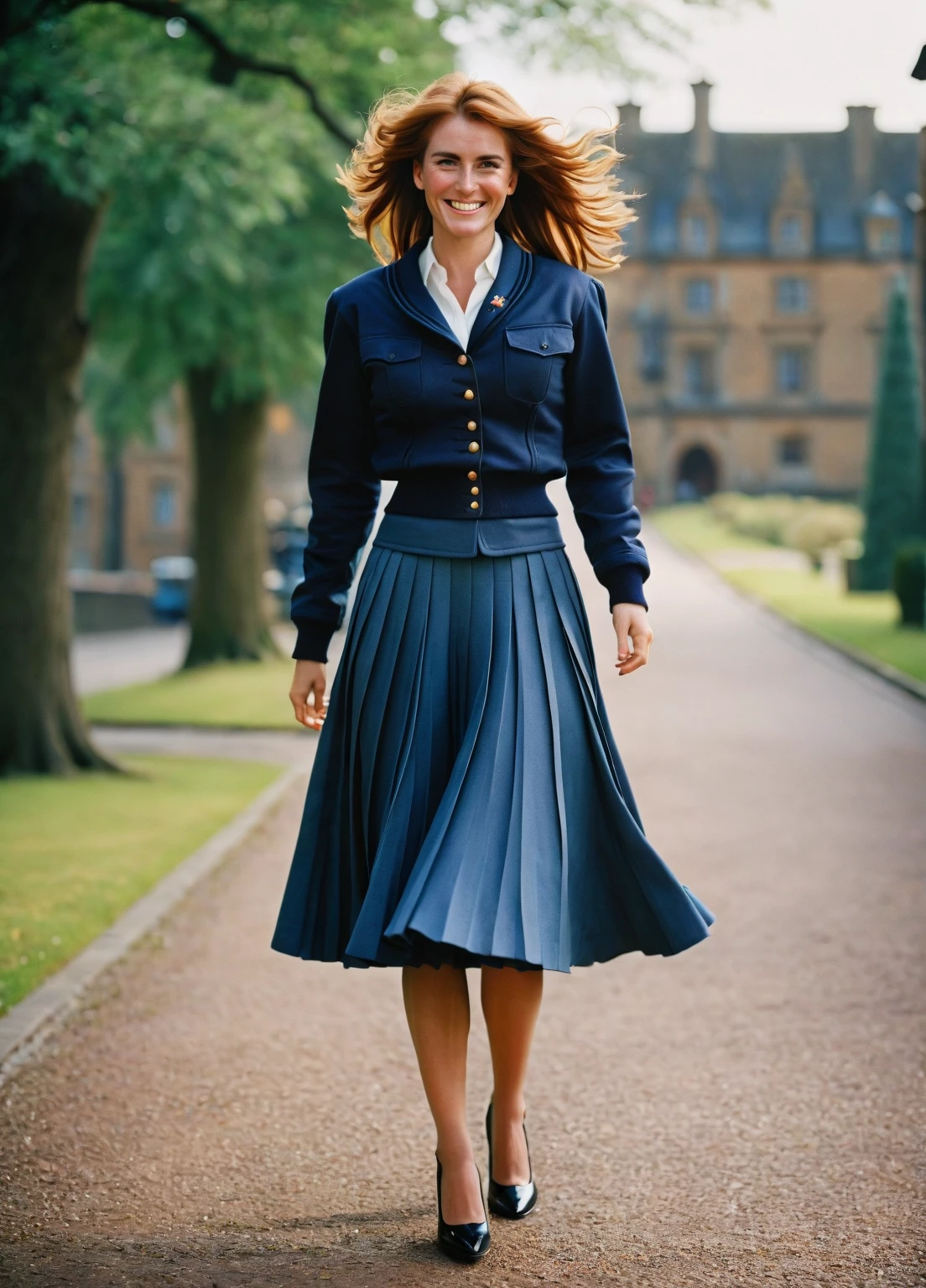 Sarah Ferguson is A smiling, authentic, (shy:1,3), kind, beautiful woman, passionately in love with her skirt, wind wildly lifts her skirt, wearing uniform jacket and very, very detailed (long (fully pleated) full circle skirt) and (low heeled court shoes), very, very intricate hyper-detailed symmetric (attractive graceful young feminine face) with (sad, tired eyes and a loving smile), very voluptuous breasts, full of empathy and compassion and love, (pronounced (feminine) features), (highly detailed ultra accurate realistic) hands and fingers, (windy), epic composition, highly detailed attributes, (35mm f1.4 Kodak portra 400 photograph), extremely high quality RAW photograph, highly detailed atmosphere, sci-fi, cinematic shot, dynamic lighting, 75mm, Technicolor, Panavision, cinemascope, sharp focus, fine details, 8k, HDR, realism, realistic, key visual, film still, superb cinematic color grading, depth of field