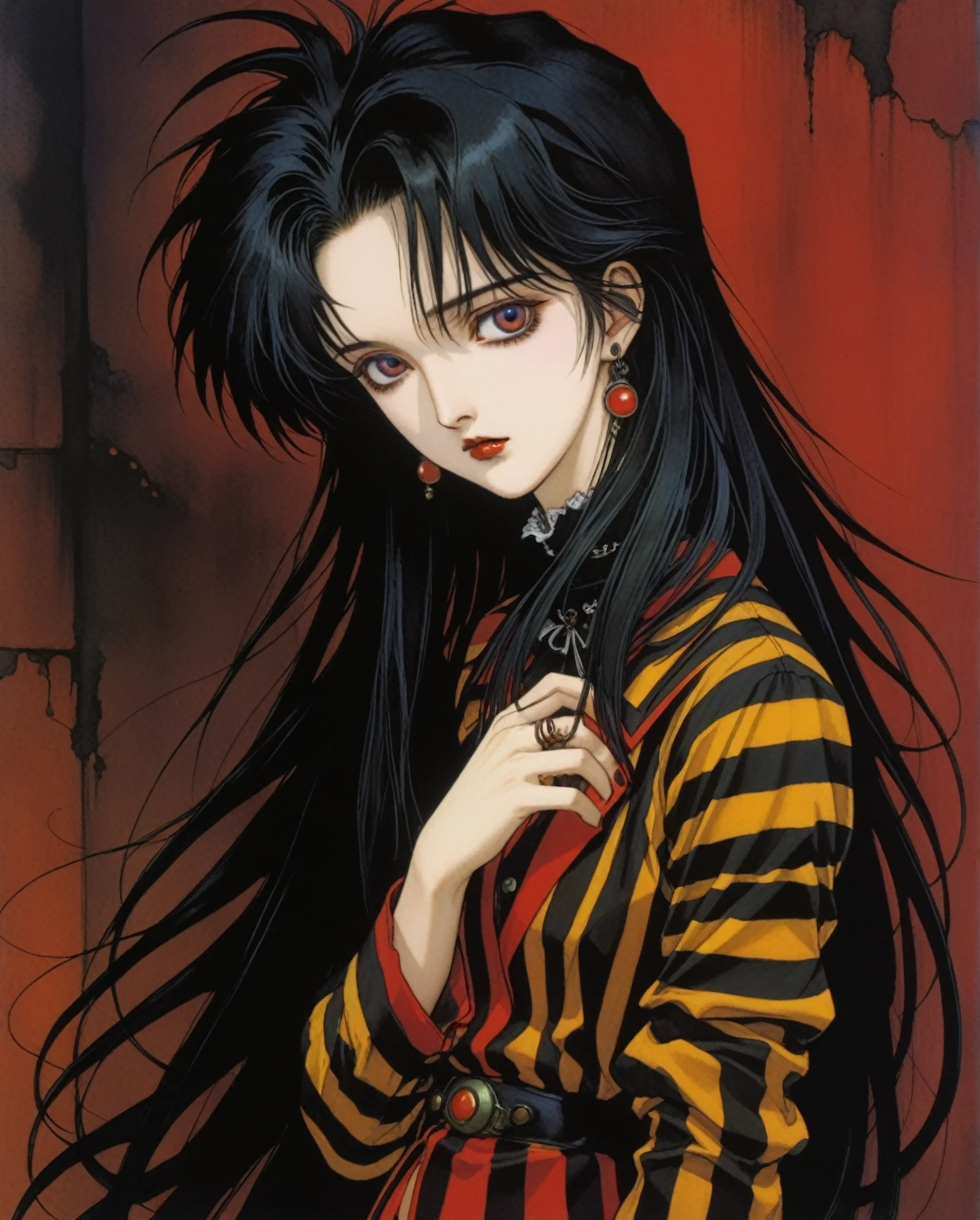 Art style by Yoshitaka Amano, Art style by Takato Yamamato, Art style by Ayami Kojima, (Masterpiece, Top Quality, Super Detail, High Resolution, Best Illustration), 1990s (style), 1980s (style), retro art style, Highest image quality, 90s style anime, Girl Gothic Striped Clothing Black Hair Tim Burton Style Comics 2D Grafit