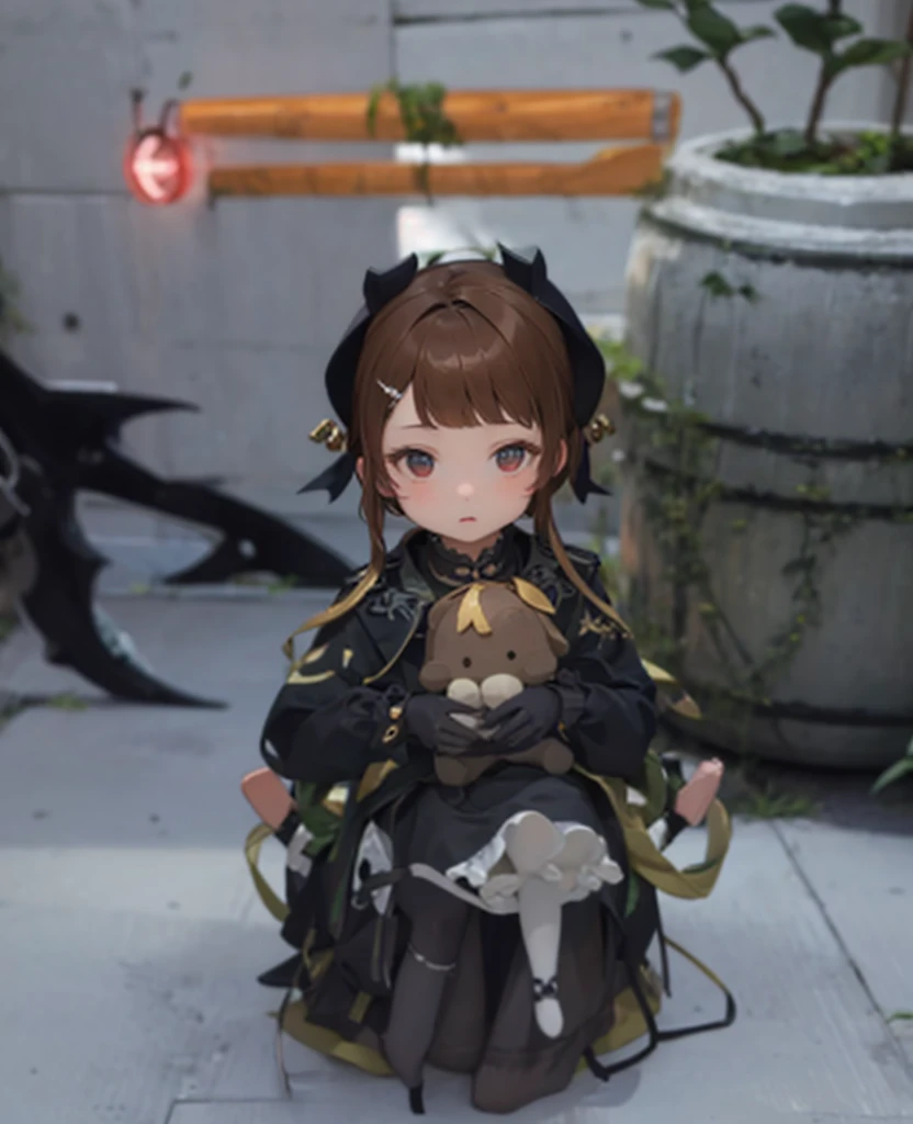 ผลงาน a small, humanoid figure with a cute, doll-like appearance, wearing a dark outfit with intricate details and accessories.
The character's attire includes:
Headgear: A dark headpiece, possibly a hat or hood, with decorations.
Top: A dark, long-sleeved top with light-colored accents, including a ruffled collar.
Gloves: Light-colored gloves with visible details.
Bottoms: Matching dark bottoms with light-colored patterns and possibly some lacing or embroidery.