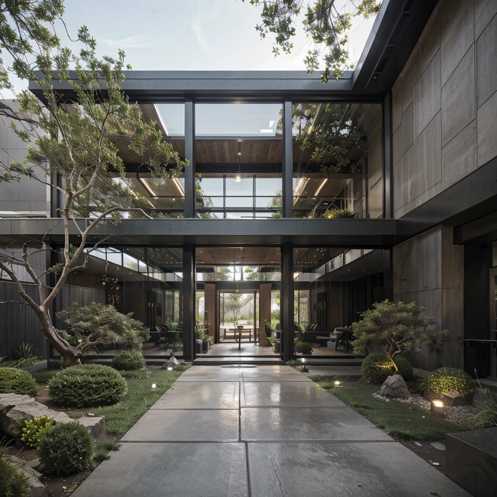 office building, (view from the street to the cave: 1.2), climbing plants, surrounding green trees, cool weather, modern style bedroom, large glass doors, (thermal landscape fragrant),