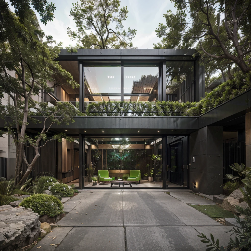 office building, (view from the street to the cave: 1.2), climbing plants, surrounding green trees, cool weather, modern style bedroom, large glass doors, (thermal landscape fragrant),