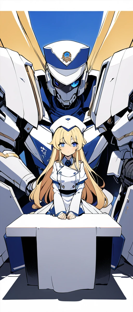 commander anime girl, white commander clothes, 30 years old, tall, medium length blonde hair, blue eyes, eye patch, a right mechanical arm, sitting at the head of a large and long covenant table, white commander hat, 8K