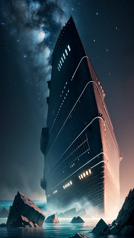 Titanic crashes into ice reef, Night Sky, 8k