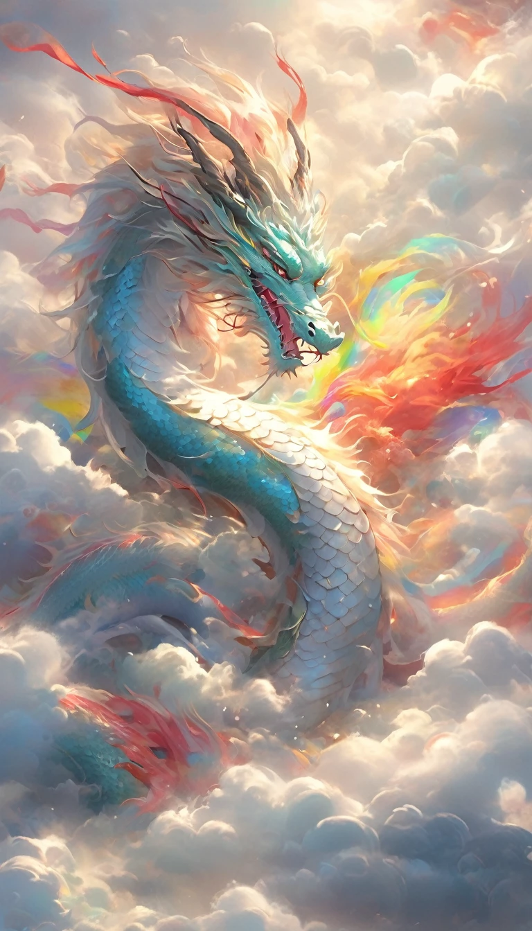 A dragon rises from the sea of clouds、Carrying great happiness、Huge gold and red body、Attention to detail、High resolution、High color rendering、High resolution、Surreal、Realistic、Rainbow colors、Pastel colored scales