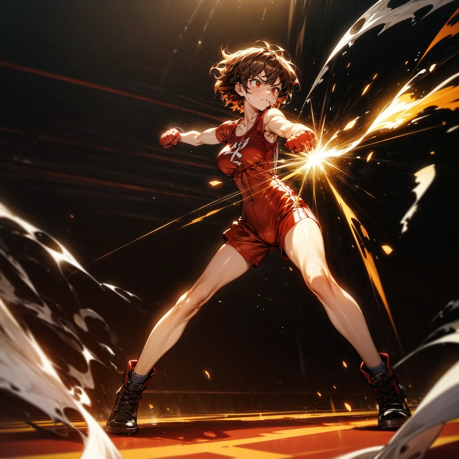 1girl, Full body version, 1character, red eyes, short Curly haircut, brown color hair, boxing style outfit, Boots, Grassroots, full background in ring boxing, motion blur, light, (Hunter x Hunter style art), battle gesture, Boxing gloves, smoke effect, fire effect on background, fire effect, lighting effect, low angle view, big muscle, angry, angry eyes, angry mouth 