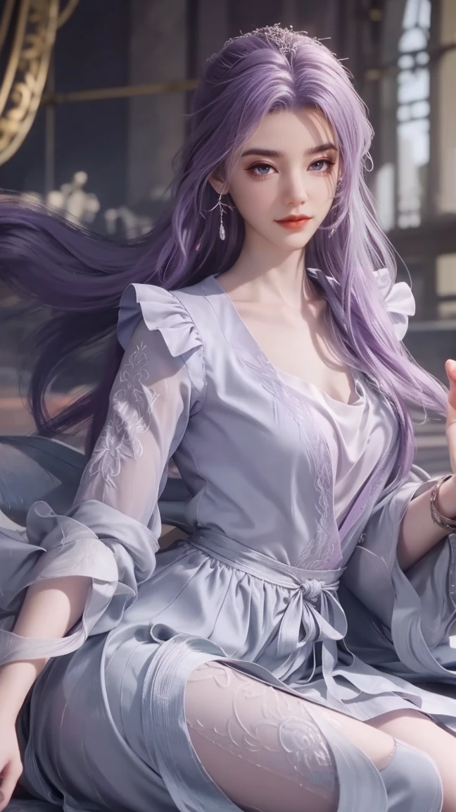 1girl, cheerful girl, purple hair, carefree and happy, smiling, laughing, The girl is wearing a beautiful dress, the girl's eyes are bright and sparkling, very beautiful, cute and sweet The girl is in the bedroom
