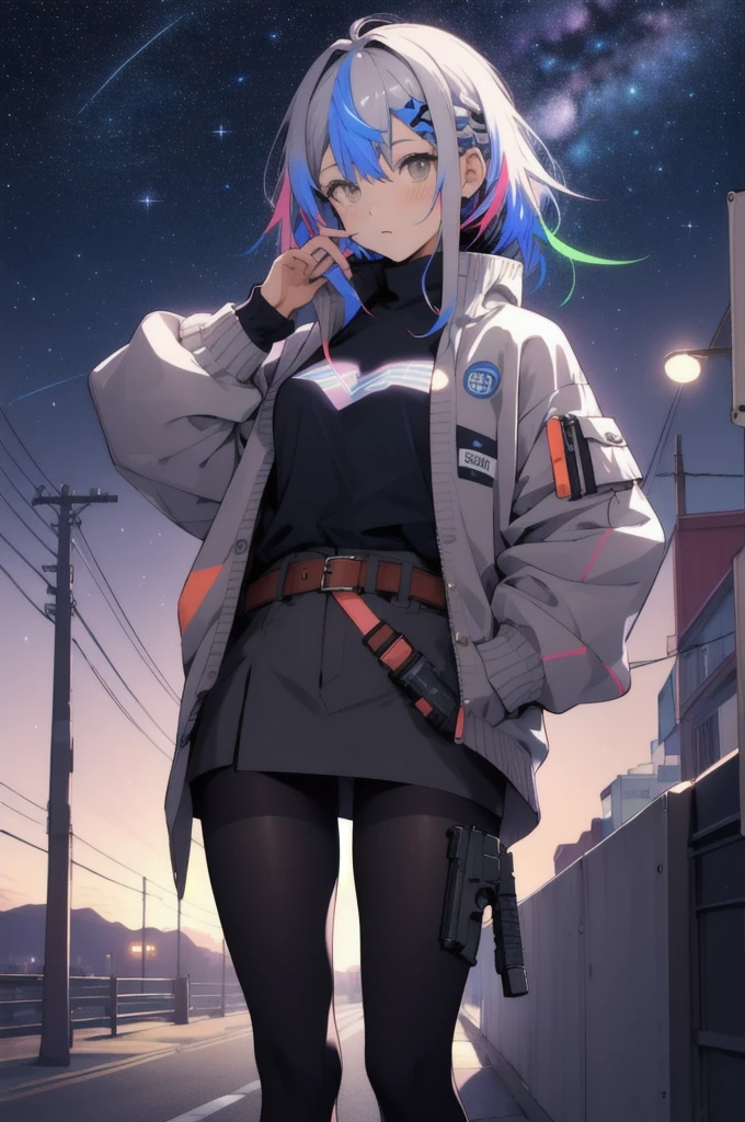 portrait, 1 girl, Pretty Face, Asymmetrical hair, Multi-colored hair, belt, Tights, Cover your mouth, whole body, Separate sleeves, Gray eyes, - Hip vents, Armed with a gun, Cardigan jacket, Lovely, View Viewer, Starry Sky, neon,