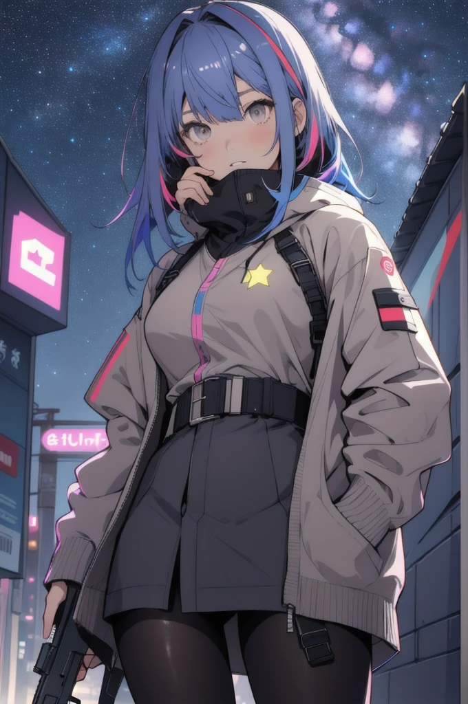 portrait, 1 girl, Pretty Face, Asymmetrical hair, Multi-colored hair, belt, Tights, Cover your mouth, whole body, Separate sleeves, Gray eyes, - Hip vents, Armed with a gun, Cardigan jacket, Lovely, View Viewer, Starry Sky, neon,