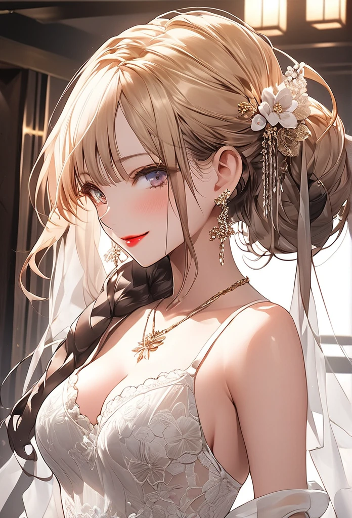 Highest quality　4K　Soapland　Edo entertainment district　She is posing sensually on the landing of the staircase in a mysterious Western-style building.　From the back　Backwards　Turn around　Full Body Shot　The whole body is visible　A sophisticated gravure idol　Young Sensual Gravure Idol　Gorgeous Japanese Model　Young Japanese　Attractive 30 year old Japanese widow　Graceful and sensual pose　Lewd face　Shy and seductive look　A look of contempt　A look of contempt　Captivating smile　Slightly parted lips　Seductive red lips　Sexy Body　Clear Eyes　Round eyes　Mole next to the lip　Beautiful and firm breasts　Beautiful E Cup Breasts　Attractive nail art　Chignon Hairstyles　Hair tied up　Medium Long Hair　Dark brownish blonde　hair ornaments　Wearing a sexy white lace dress　Sexy see-through floral white lace bra,White thong with obscene floral lace,　necklace　garter belt　Beige floral lace stockings　Earrings　Black high heels　派手なnecklace　Fine details　Beautiful anime illustrations　Beautiful Face　alone　High resolution, One Girl, Highest quality, Attention to detail,　Professional, Vibrant colors, Perfect Anatomy, ideal facial features, 理想的なProfessionalポーションの図, Perfectly beautiful body, Highly detailed skin, Glowing Skin, Glowing Skin, Cleavage　Mature hot body　Sparkle Effect, Anime Style, photograph,　Manga illustration　High quality and exquisite texture, Detailed and precise brushwork, Detailed and vivid depiction, Anatomically correct, Absurd aesthetics, Luxurious silk texture, Highest qualityの装飾, Detailed and attractive skin,